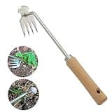 Weeding Artifact Uprooting Weeding Tool, Weed Puller Hand Weeder Tool for Garden with Long Handle, 4 Teeths Dual Purpose Manual Multifunctional Weeder Tool for Yard Farm Weed Removal (Wood-12 inch)