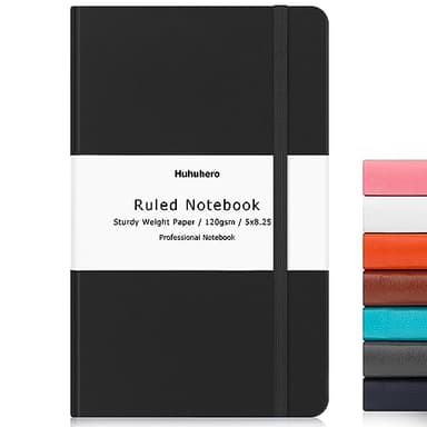 Huhuhero Lined Journal Notebooks for Work, Hardcover Leather Journals for Writing Women Men, 120Gsm Thick Paper College Ruled Notebook, Office School Supplies, 5.25"×8.25" (1, Matte Black)