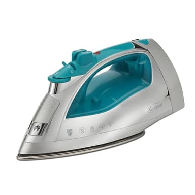 Sunbeam Turbo Steam Iron 1400W Quick Heat Stainless Steel Soleplate Shot of Steam Horizontal and Vertical 3 Way Auto Off 240ml Water Tank White Teal