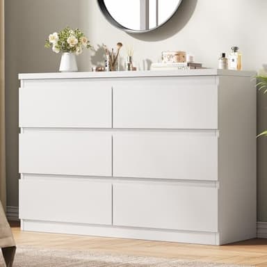 Jocoevol White 6 Drawer Dresser for Bedroom, 15.3" D x 47.2" W x 32.3" H in Simply Modern Chest of Drawers, Wood Storage Double Dresser with Deep Drawers for Living Room, Hallway Entryway, White