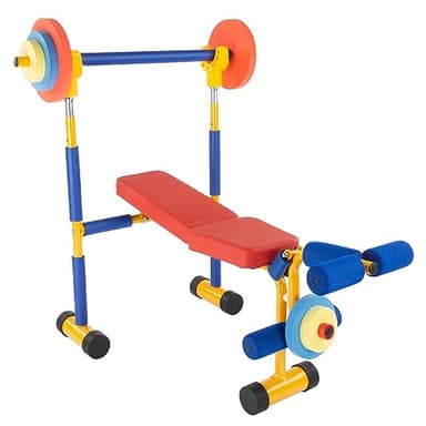 Kids Weight Bench Set - Toddler Gym for Beginner Exercises and Weightlifting with Leg Press and Barbell - Toys for Ages 3 and Up by Hey Play
