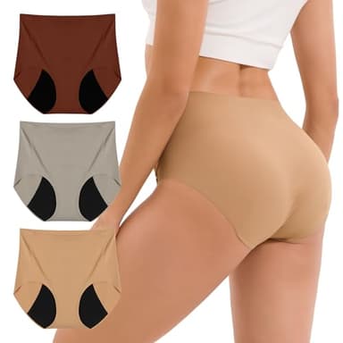 INNERSY Women's Period Underwear Seamless Lightweight Invisible Menstrual Panties 3-Pack(Large, Khaki Noir)