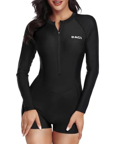 Daci Women Long Sleeve Rash Guard One Piece Boyleg Swimsuit Zipper Surfing Bathing Suit UPF 50+ Black XS