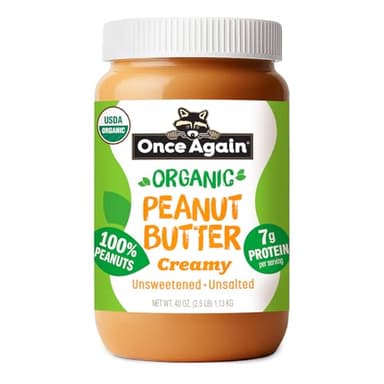 Once Again Organic Creamy Peanut Butter No Sugar Added - Large 2.5 Pound Jar - Single Ingredient, Unsalted, Natural Peanut Butter No Palm Oil - Smooth and Unsweetened - 1 Jar (40 oz)