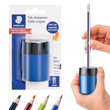 STAEDTLER Pencil Sharpener (1 Pack) with Screw Lid and Tub - No Spill Compact Design for Standard and Colored Pencils, Metal Blade, Assorted Colors