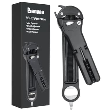 Banyaa 7 in 1 Jar Opener Bottle Opener and Wine Opener for Seniors with Arthritis, Weak Hands, Multi Retractable Magnetic Can Opener, Original Kitchen Lid Opener Tool (Black)