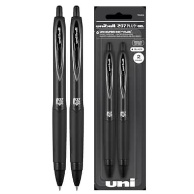 Uniball 207+ Black Retractable Gel Pens 2 Pack with Medium 0.7mm Points, Fraud Proof Office Pens for Business, School, and Bible Use