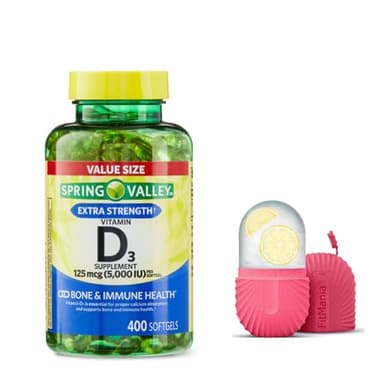 Vitamin D3 Spring Valley Softgels, 125 mcg per Softgel, 5,000 IU, 400 Count, and Gift Ice Roller for Face
