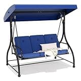 3-Seat Outdoor Patio Swing Chair with Adjustable Canopy Removable Cushion, Heavy Duty Porch Swing Glider for Patio, Backyard, Poolside, Balcony - Navy Blue