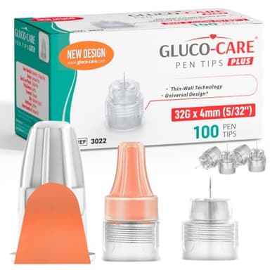GLUCO-CARE Plus Pen Tips 32G x 4 mm – Flat-Seat Base Design, Thin-Wall Channel Structure, Threaded Twist-On Connection, 100 Count Box