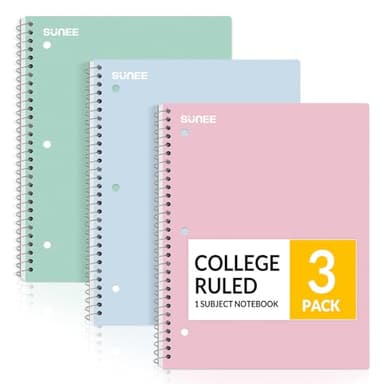 SUNEE Spiral Notebooks, 3 Pack, 1-Subject, College Ruled Paper, 8" x 10-1/2", 70 Sheets per Notebook, Assorted Pastel Colors Spiral Notebooks for School