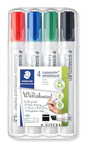 Staedtler Lumocolor Whiteboard Marker, Chisel Tip, Box of 4 Assorted Colors (Red, Blue, Green, Black), 351 WP4