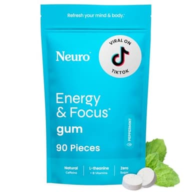 Neuro Energy & Focus Gum - 40mg Natural Caffeine Gum & Nootropic Energy Supplement with L-Theanine & B Vitamins - Sugar Free, Vegan - Peppermint, 90ct