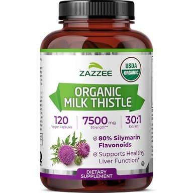 Zazzee USDA Organic Milk Thistle Extract 30:1, 80% Silymarin, 7500 mg Equivalent, 120 Vegan Capsules, Certified Kosher, High Potency Liver Support Supplement, Antioxidant Support, Non-GMO, Made in USA