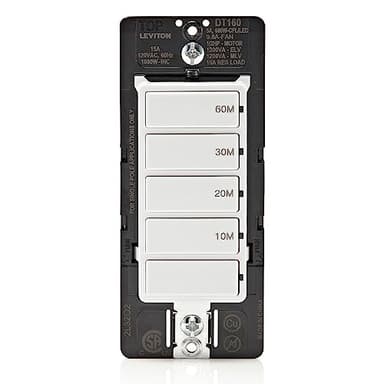 Leviton Countdown Timer Switch for bathroom fan and household lights, 10-20-30-60 min, No Neutral Required, Single Pole, 15A, 1/2HP/9.8A Fan/Motor, DT160-1LW, White