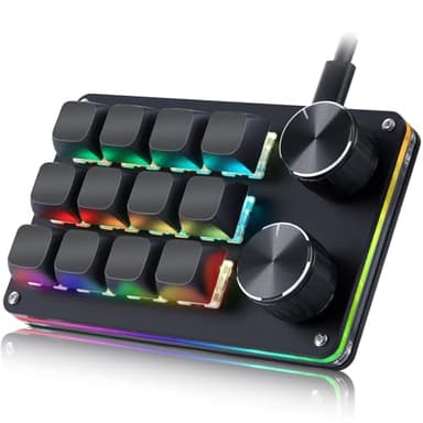 Koolertron Macro Programmable Keypad, One Handed Programmable Mechanical Keyboard, RGB Blue Switch Hot Swappable, 12 Keys 2 Knob Backlit Keypad for Working and Gaming, Black