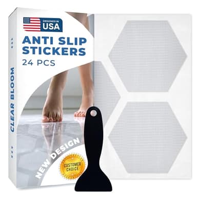 Clear Bloom Anti-Slip Shower Stickers for Tub & Shower Floor — Original Clear Hex Non-Slip Bathtub Stickers, 24 Pack 3.25”, Micro-Pyramid Grip, Scraper Included, Easy Apply
