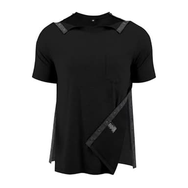 Post Shoulder Surgery Shirts for Men Full Snap Open Tear Away Short Sleeve T Shirts Easy Chemo Port Access Tee Rotator Cuff Surgery Recovery Shirt(BK L)