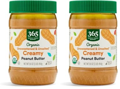 365 by Whole Foods Market, Organic Creamy Peanut Butter No Salt Added, 16 Ounce (Pack of 2)