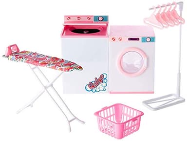 YMCtoys My Fancy Life Dollhouse Laundry Room Set, Pink and White Playset with Washer, Dryer, Ironing Board, Laundry Basket, Kids Pretend Play Furniture