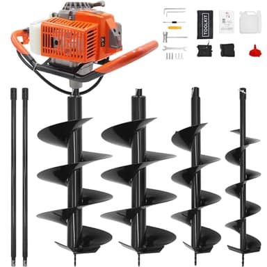 72CC Auger Post Hole Digger, 2 Stroke Gas Powered Earth Post Hole Digger with 3 Auger Drill Bits(4" & 6" & 12") + 2 Extension Rods for Farm Garden Plant, Orange (72cc+3 Auger(4"6"12")+2 Ext)