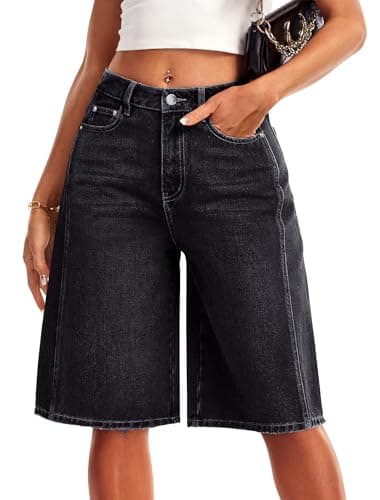 IVIR Jorts Bermuda Shorts for Women Denim Jean Shorts Long Knee Length Wide Leg High Waisted Casual Summer Black M