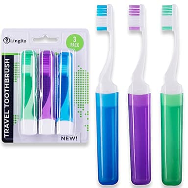 Lingito Mini Toothbrush with Cover, Camping & Travel Size with Case, Adults Kit (3 Pack)
