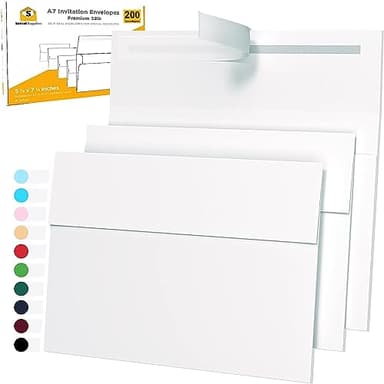 200 Pack 5x7 White Invitation Envelopes - For 5x7 Cards - A7 - (5 ¼ x 7 ¼ inches) - Perfect for Weddings, Graduation, Baby Shower - 120 GSM - Peel, Press & Self Seal - Square Flap