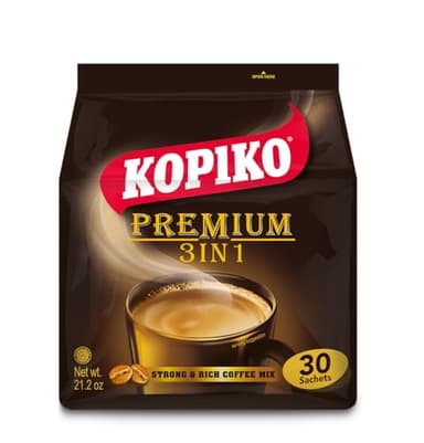 KOPIKO Premium 3 in 1 Instant Coffee Mix – Authentic Indonesian Volcanic Coffee, Strong Yet Smooth, Pre-Mixed with Creamer & Sugar (21.2 OZ in 30 Coffee Sachets)