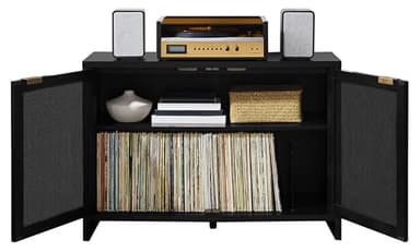 Crosley Furniture Kenji Media Console, Record Player Stand with Vinyl Storage, Modern Home Organizer, Black