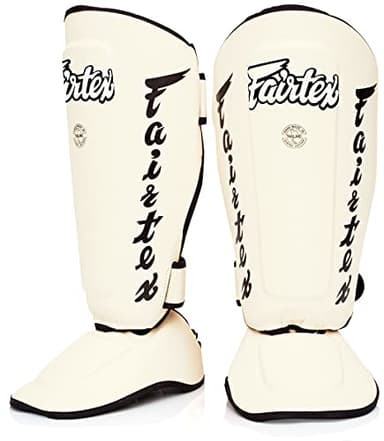Fairtex SP7 Muay Thai Shin Guards for Men, Women, Kids | Shinguards Made with Syntek Leather & are Premium, Lightweight & Durable | Detachable shin & Foot Protector- Medium, White