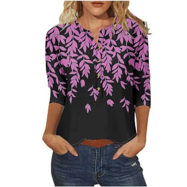 FOCLMP Womens 2024 Summer Tops Dressy Casual 3/4 Length Sleeve Blouses Tshirts Henley Shirts Tunic Boho Trendy Clothing Womens Tops Casual Plus Size Purple S