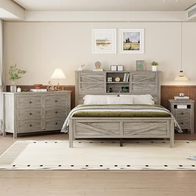 LUMISOL Farmhouse 3 Piece Queen Size Bedroom Set, Wood Platform Bed with Double Sliding Door Storage Headboard, Storage Nightstand and Dresser, 3 Piece Bedroom Furniture Set Queen Size, Gray