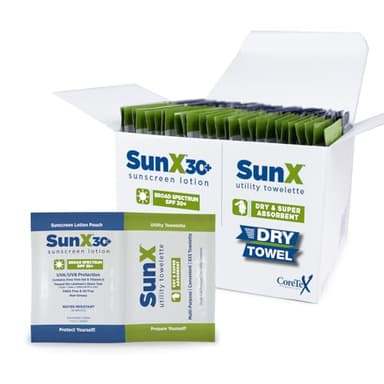CoreTex Sun X 30+ Broad Spectrum Sunscreen Packets & Dry Towels Duo Kit - Pack of 25 Paraben, Oxybenzone, Octinoxate, & Oil Free Sunscreen - No White Cast and Water Resistant Up to 80 Minutes