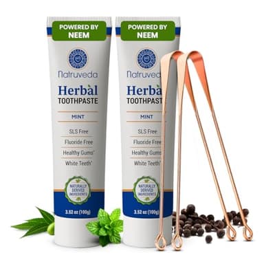 Natruveda Neem Herbal Toothpaste with Complimentary Copper Tongue Scraper | Fluoride Free, SLS Free, Natural Toothpaste for Adults | Ayurvedic Oral Care with Miswak | 3.52 oz (2 Pack)