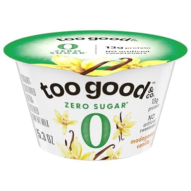 Too Good & Co. Zero Sugar Vanilla Yogurt-Cultured Ultra-Filtered Low Fat Milk Product, Gluten Free, Keto Friendly, 5.3 OZ Cup