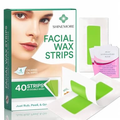 ShineMore Facial Wax Strips for Hair Removal - Hypoallergenic for All Skin Types - Gentle and Fast-Working for Face, Eyebrow, Upper Lip, and Chin (40 Strips + 4 Calming Oil Wipes NATURE Ingredients)