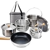 KingCamp Camping Cookware Set 304 Stainless Steel Campfire Cooking Pots Pan and Kettle with Travel Tote Bag for Camping Outdoor Kitchen Cooking Picnic for 4-6
