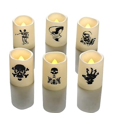 CANDLE CHOICE Battery Operated Flameless Votive Candles, Small Realistic Flickering Electric LED Candle Lights with Skull Skeleton Decals for Halloween Decorations, Pack of 6, Batteries Included