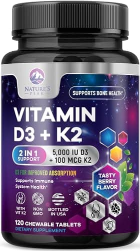 Vitamin D3 K2 - 5000 iu Vitamin D3 & 100 mcg Vitamin K2 (MK-7) Complex for Immune Support - Bone, Teeth & Muscle Health Support - Berry Chewable, Gluten Free, Non-GMO, Bottled in USA - 120 Tablets