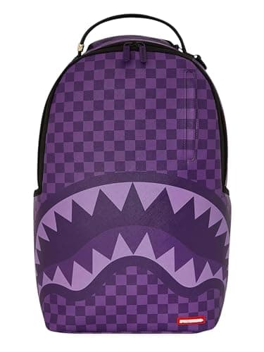 Sprayground Purple Shark Backpack, 18x6x11.5 Inches, Durable Water-Resistant Faux Leather, Laptop Compartment, Ergonomic Padding, Gold Hardware