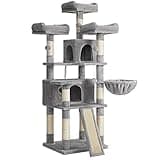 FEANDREA Cat Tree, Large Cat Tower, Cat Condo with Scratching Posts, Board, 2 Caves, 3 Plush Perches, Activity Center, 66.5 Inches, Light Gray UPCT019W01