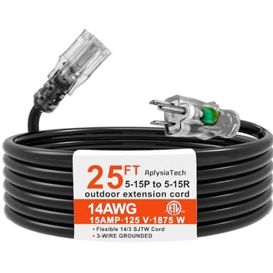 AplysiaTech 14/3 15Amp 25ft Black Outdoor 14 Gauge Extension Cord - Contractor Grade SJTW Cable - Moisture & Abrasion Resistant - Heavy Duty, Molded Plugs - Ideal for Outdoor Tools & Equipment
