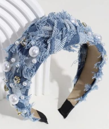 Huachi Headbands for Women Non Slip Trendy Denim Knotted Headbands for Women’s Hair, Cute Pearl Headband for Girls Vintage Fashion Accessories