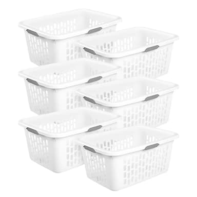 Sterilite Laundry Basket, Plastic Clothes Hamper, Large Rectangle Bin with Comfort Grip Handles and Reinforced Rim, 2 Bushel Capacity, White, 6 Pack