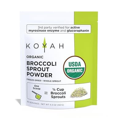 KOYAH - Organic USA Broccoli Sprout Powder (1 Scoop = 1/4 Cup Sprouts): 36 Servings, Freeze-Dried, Tested for Active Myrosinase and Glucoraphanin (Sulforaphane Glucosinolate)