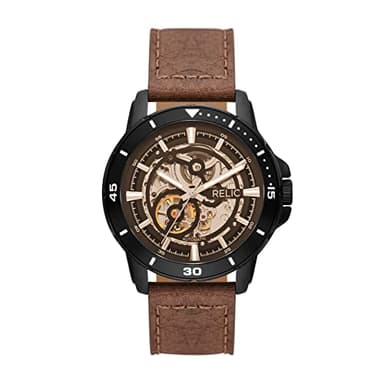 Relic by Fossil Men's Brenton Black Alloy Metal and Brown Leather Band Automatic Watch (Model: ZR12663)
