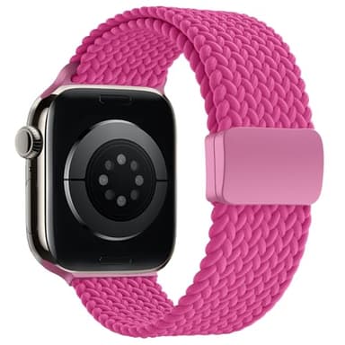Braceleter Braided Stretchy Band Compatible with Apple Watch Band 38mm 40mm 41mm 42mm 44mm 45mm 46mm 49mm Women Men, Adjustable Nylon Elastic Magnetic Clasp Strap for iWatch Series 10 9 8 7 6 5 4 3 2 1 SE Ultra (Magenta, 44mm/45mm/46mm/49mm/42mm(Series 3 2 1))