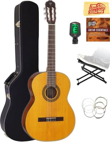 Takamine GC3 Classical Guitar - Natural Gloss Bundle with Hard Case, Foot Stool, Tuner, Strings, Austin Bazaar Instructional DVD, and Polishing Cloth