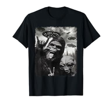 Funny Bigfoot & Alien Sasquatch Rock On Hand Sign UFO Selfie T-Shirt